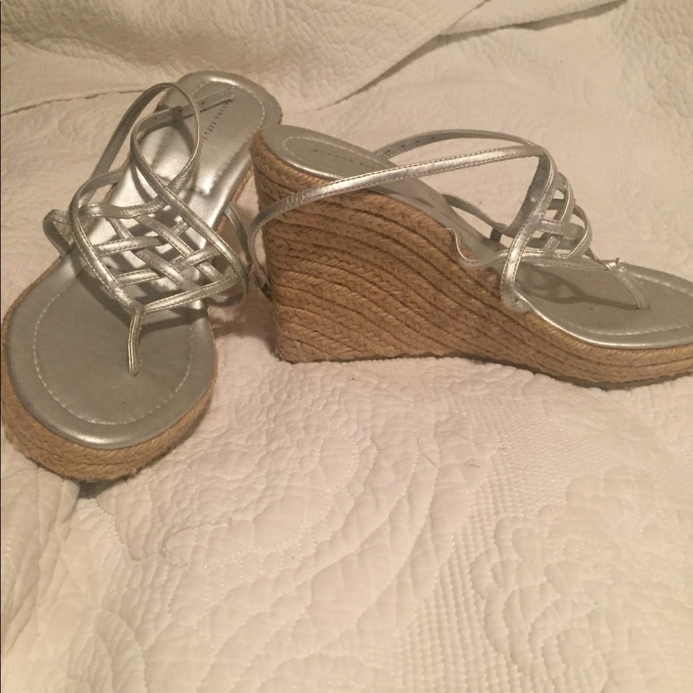 Silver leather and straw wedges